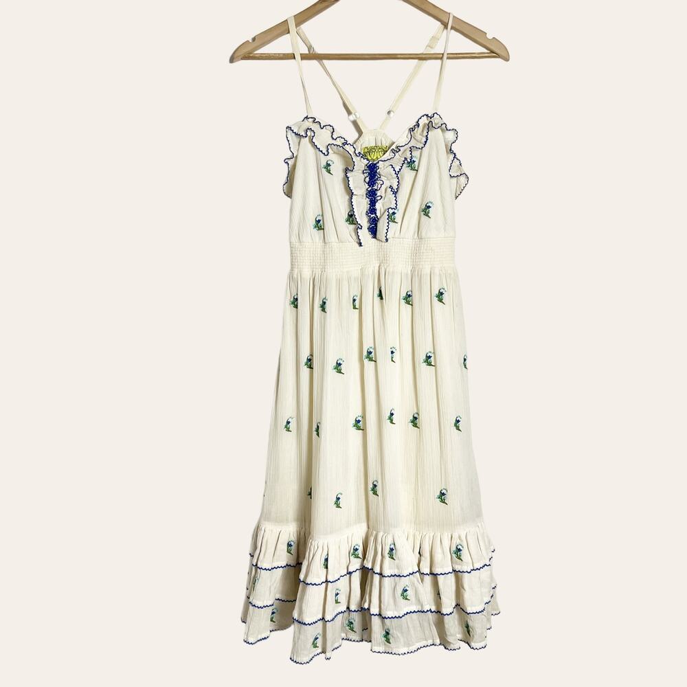 Anthropologie Floreat Floral Embroidered Ruffle Trim Smocked White Dress Size 4